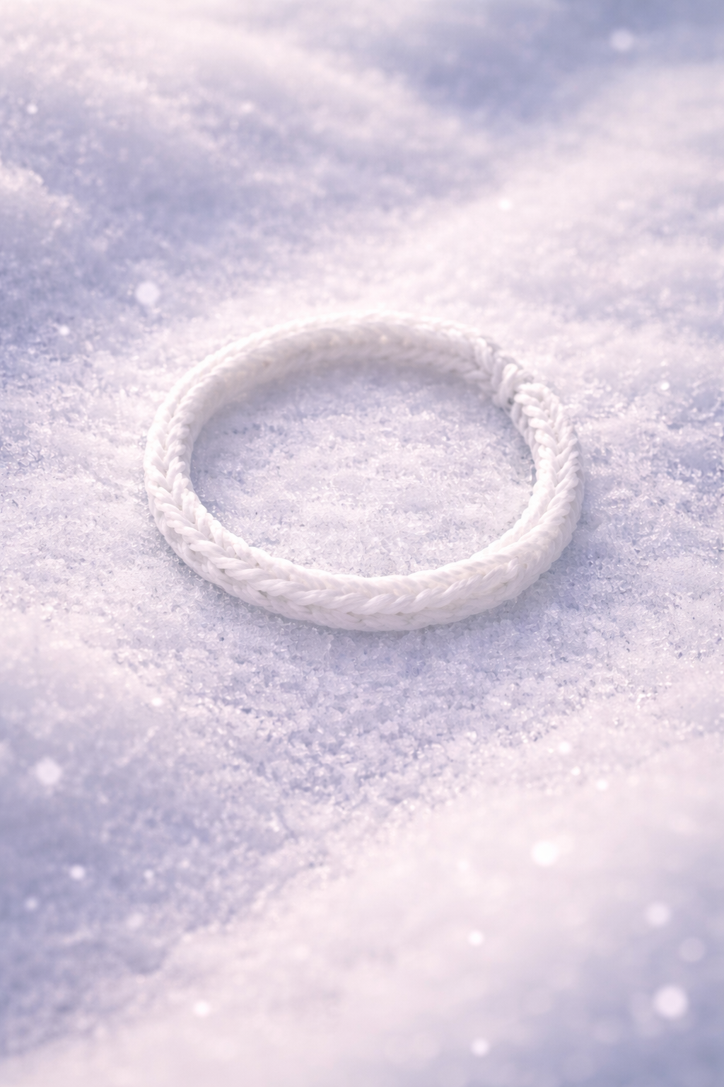 Elegant white braided bracelet on dreamy winter background with soft purple-blue tones and sparkling snowflake effects